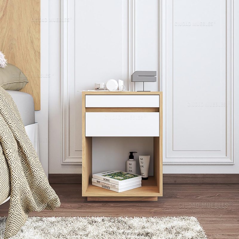 Mesa De Luz Con Desayunador Bandeja Extensible y Cajón Madera Natural Blanco
