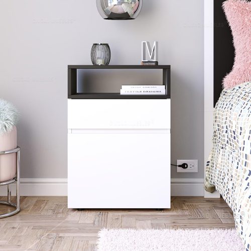 Mesa de luz con cajón y puerta Blanco y Negro