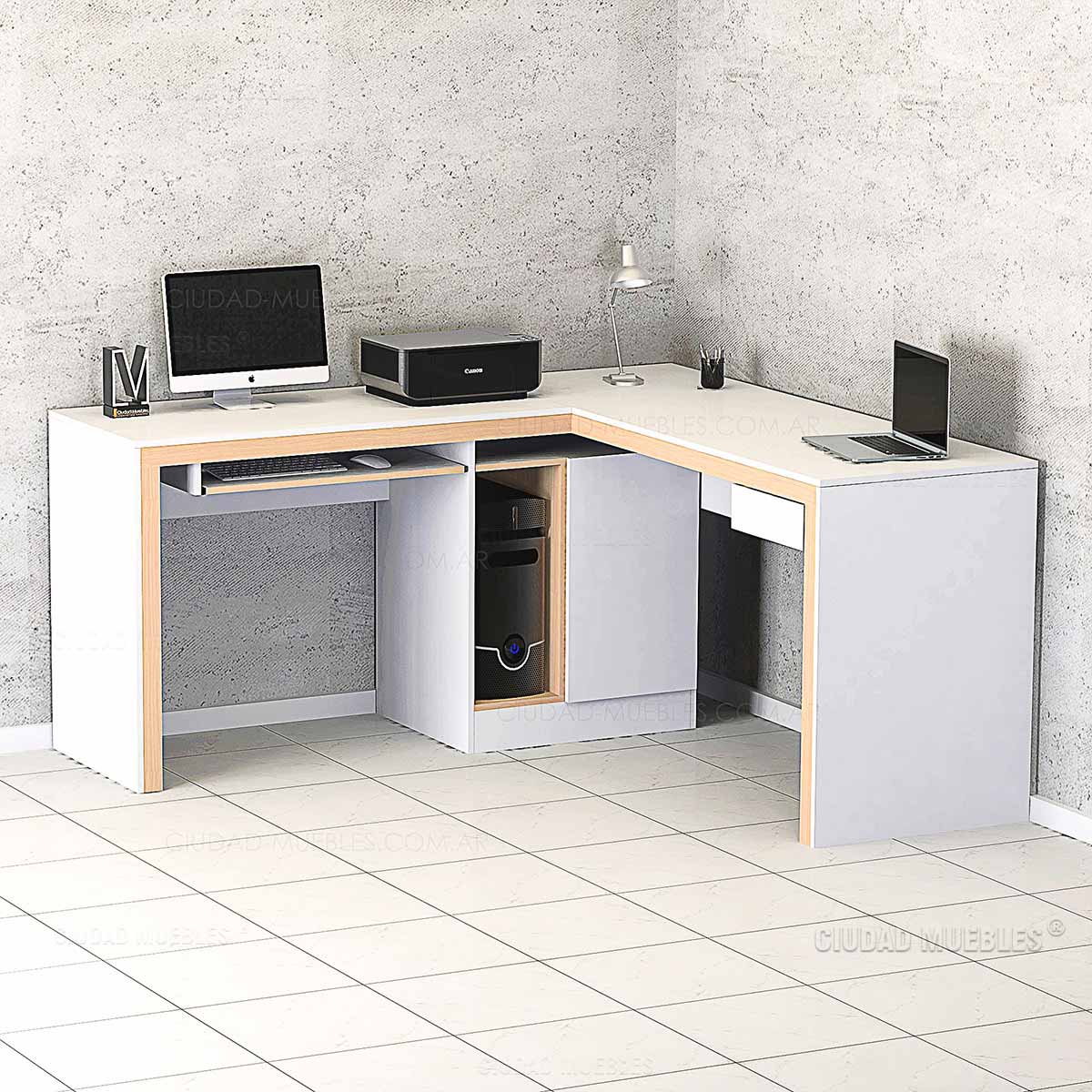 Oficina en el hogar con un escritorio de esquina, estanterías y