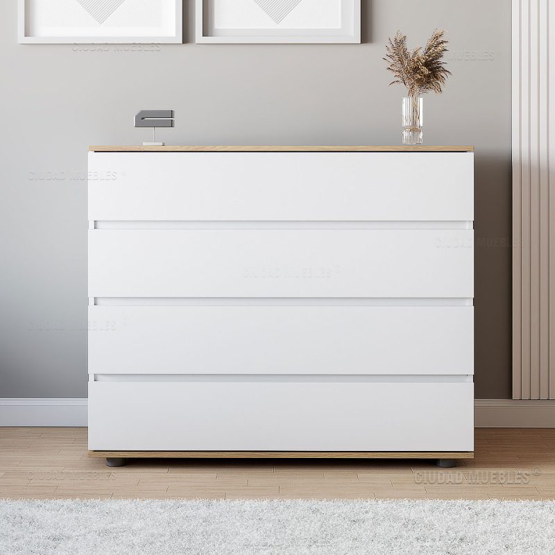 Cómoda 4 Cajones Dormitorio 110x92x40 Cm Natural y Blanco