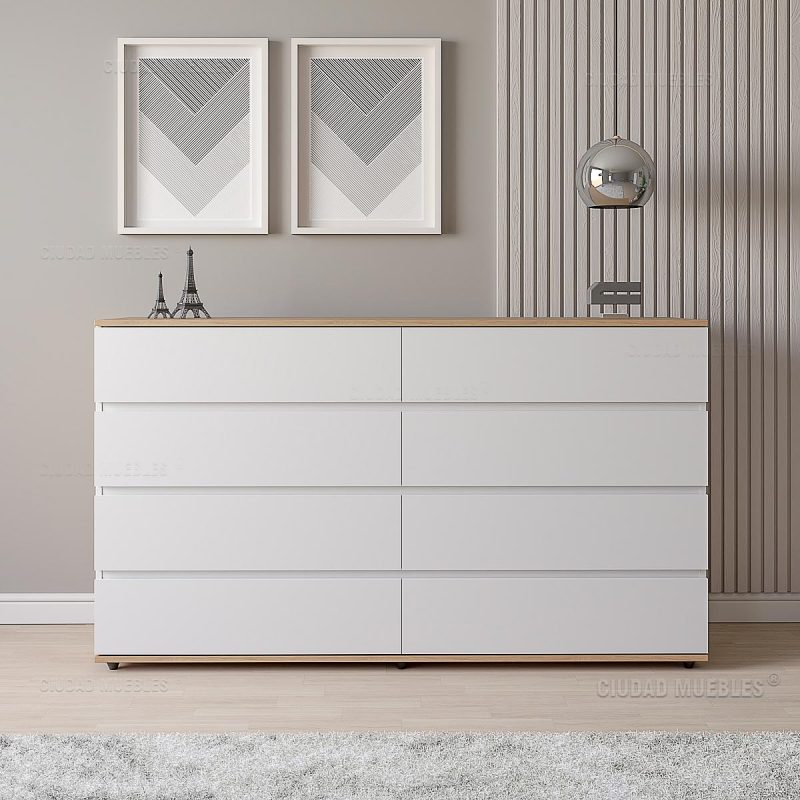 Cómoda Dormitorio 8 cajones 160x92cm Madera Natural y Blanco