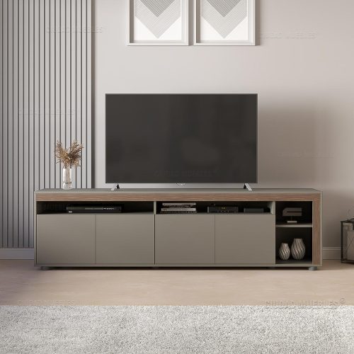 Mesa TV 200cm Moderna Con Pasacables y Cierre Suave Gris Nogal