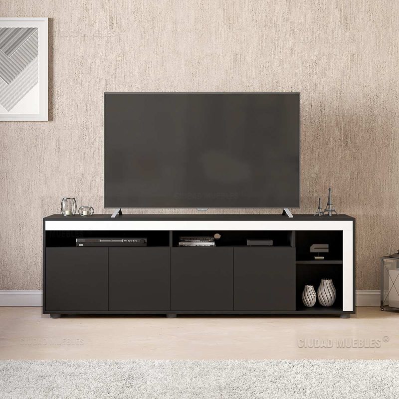 Mesa De Tv con puertas batientes de living 170X52X37 Cm Negro y Blanco