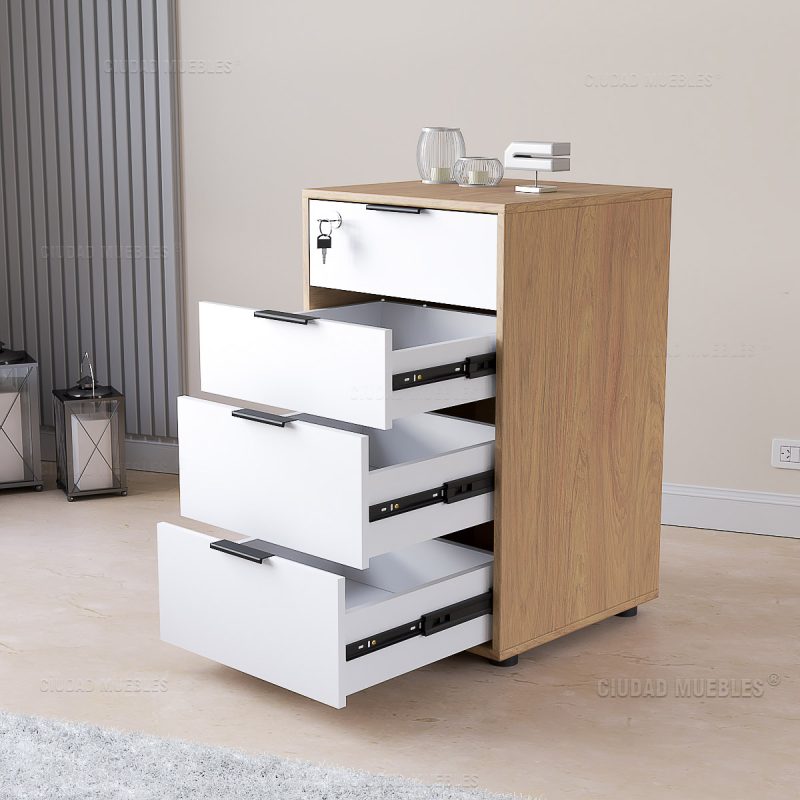Archivero de 4 cajones con llave y cerradura 46x77x45cm Natural y Blanco