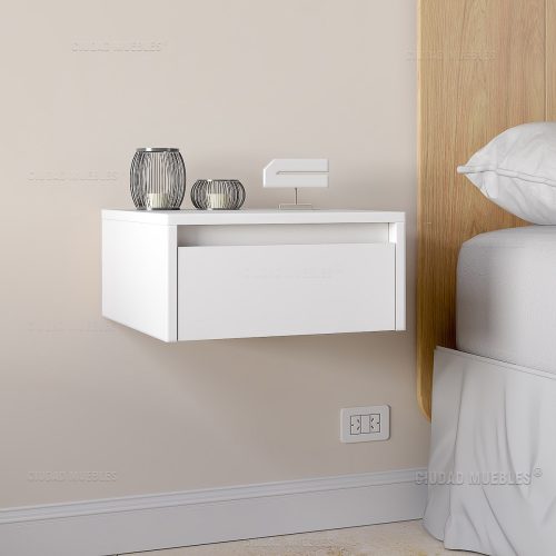 Mesa de luz flotante con cajón oculto y cerradura Blanco