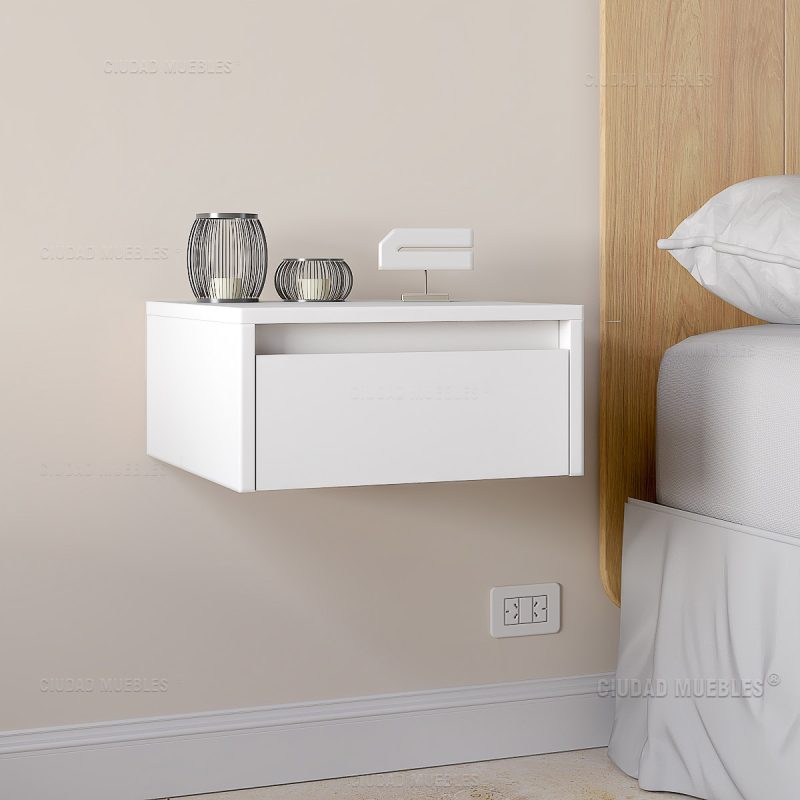 Mesa de luz flotante con cajón oculto y cerradura Blanco