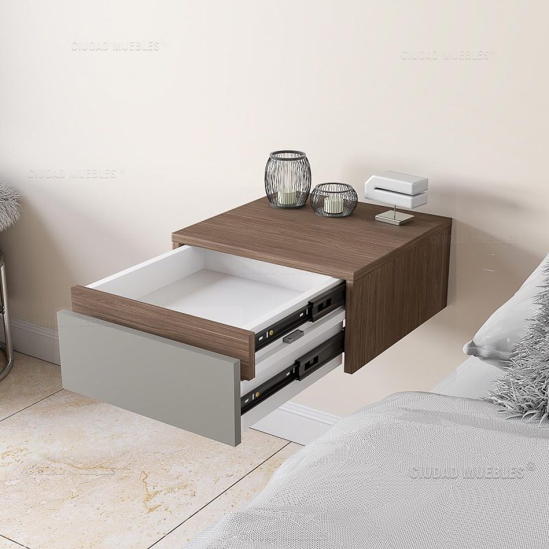 Mesa de luz flotante con cajón oculto y cerradura 45 Cm Nogal y Cuba