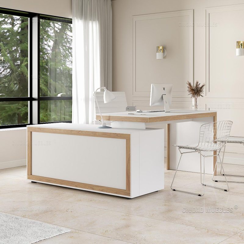 Escritorio de Trabajo L Gerencial con Archivero Superpuesto Blanco y Natural