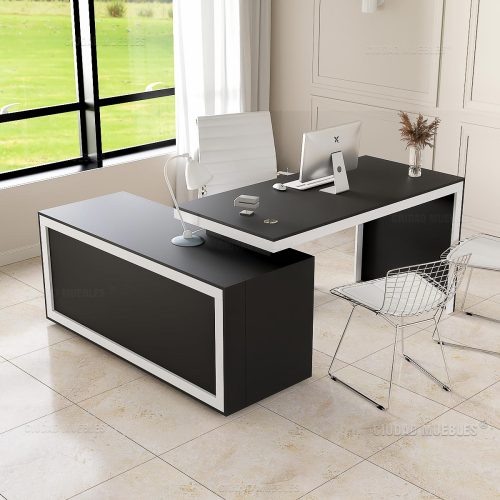 Escritorio de Trabajo L Gerencial con Archivero Superpuesto Negro y Blanco