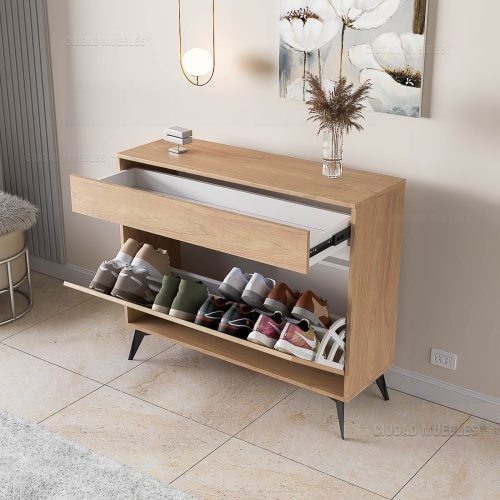 Recibidor Zapatero 100x85cm Cajón y Patas Metálicas Madera Natural Blanco