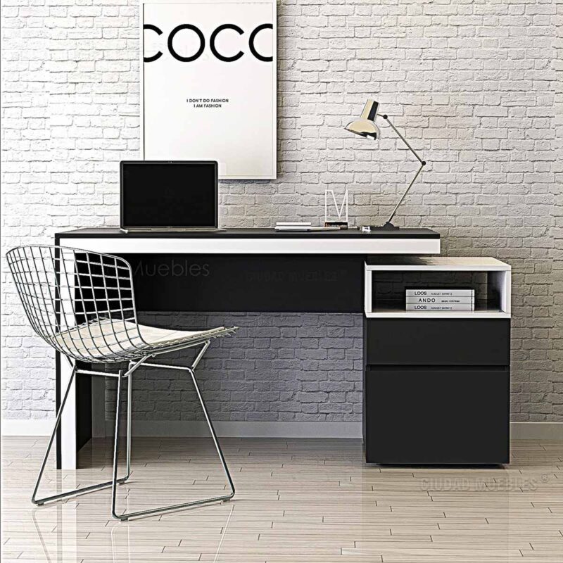 Escritorio moderno Ciudad Muebles negro y blanco con archivero reversible, cajón con correderas telescópicas y tapa con cantos de PVC.