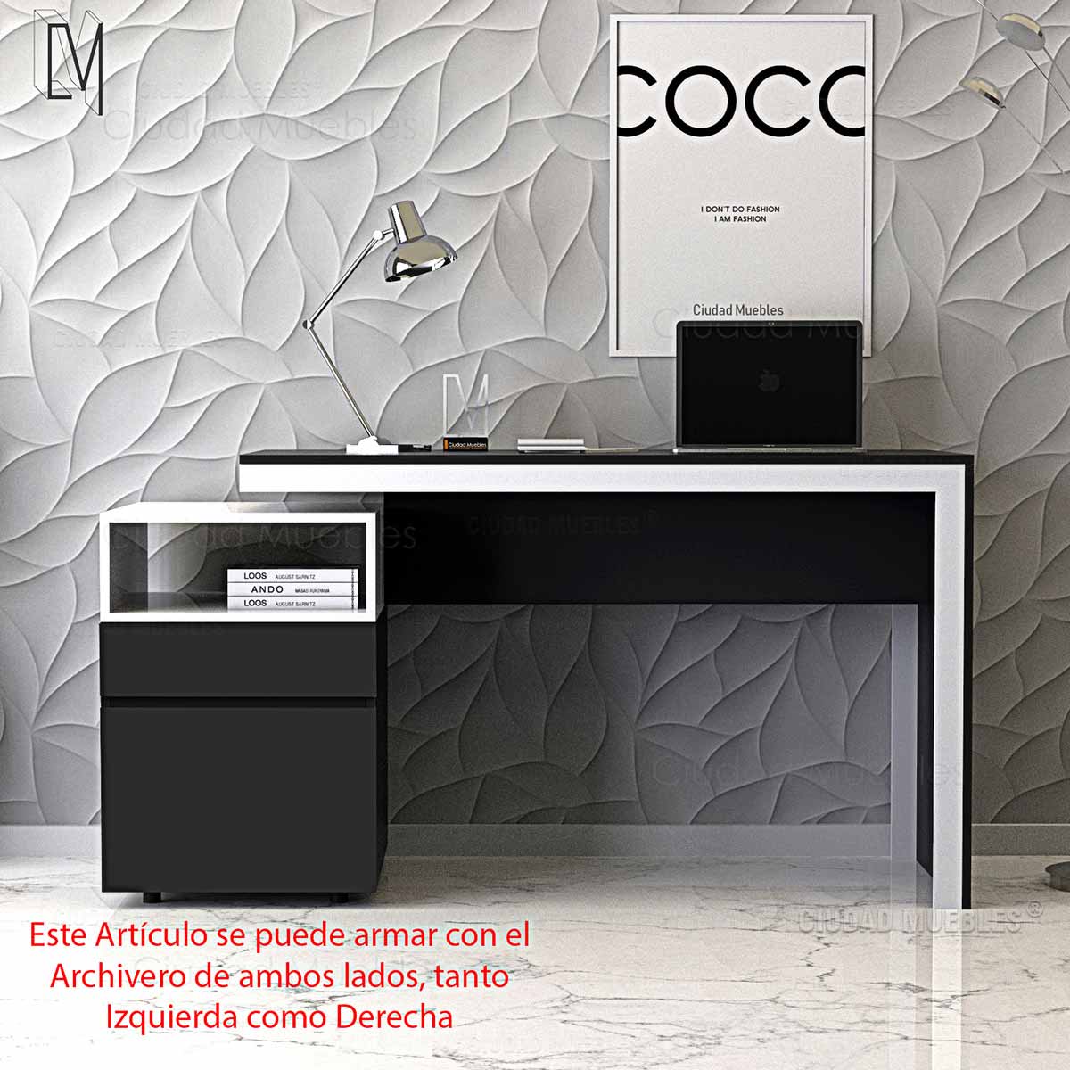 Escritorio moderno Ciudad Muebles negro y blanco con archivero reversible, cajón con correderas telescópicas y tapa con cantos de PVC.