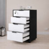 Cajonera de oficina moderna blanca y negra con 4 cajones y cerradura de seguridad.