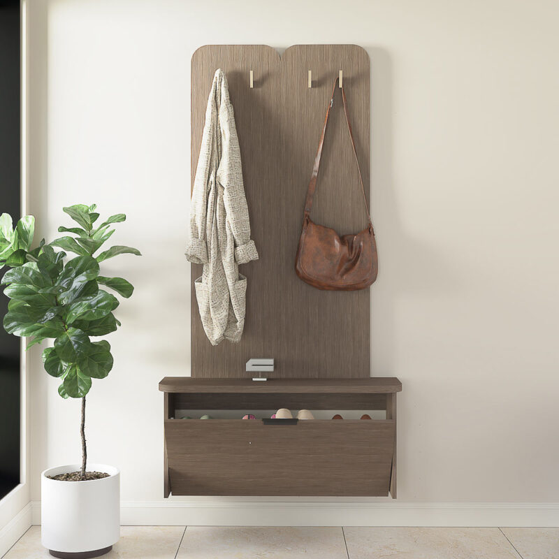 Mueble recibidor perchero y zapatero flotante 90cm color Nogal melamina 25mm. Diseño exclusivo de Ciudad Muebles para espacios reducidos y monoambientes.