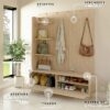 Características en foto con perspectiva de Recibidor Perchero con Asiento, Repisas y Zapatero Natural Nube 150cm