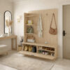 Foto con espacios de guardado a la vista con perspectiva de Recibidor Perchero con Asiento, Repisas y Zapatero Natural Nube 150cm. Mueble de diseño construido en melamina por Ciudad Muebles