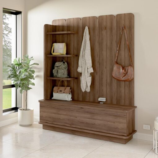 Foto portada de Recibidor Perchero con Asiento, Repisas y Zapatero Melamina color Nogal modelo Nube 150cm