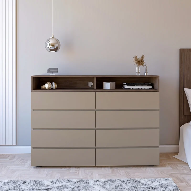 Cómoda Meier con 8 Cajones y Estante 140 cm Gris Arcilla y Nogal