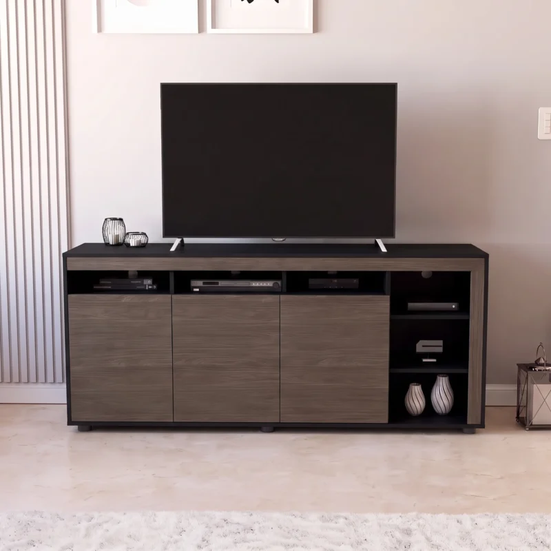 Mesa de TV 170 cm con Puertas y Estantes Negro y Nogal