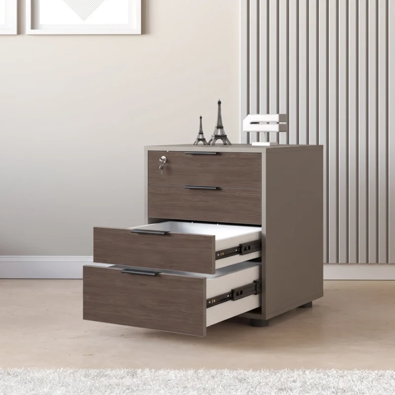 Archivero de oficina 4 cajones con cerradura y llave 46X57X45cm Gris Arcilla y Nogal