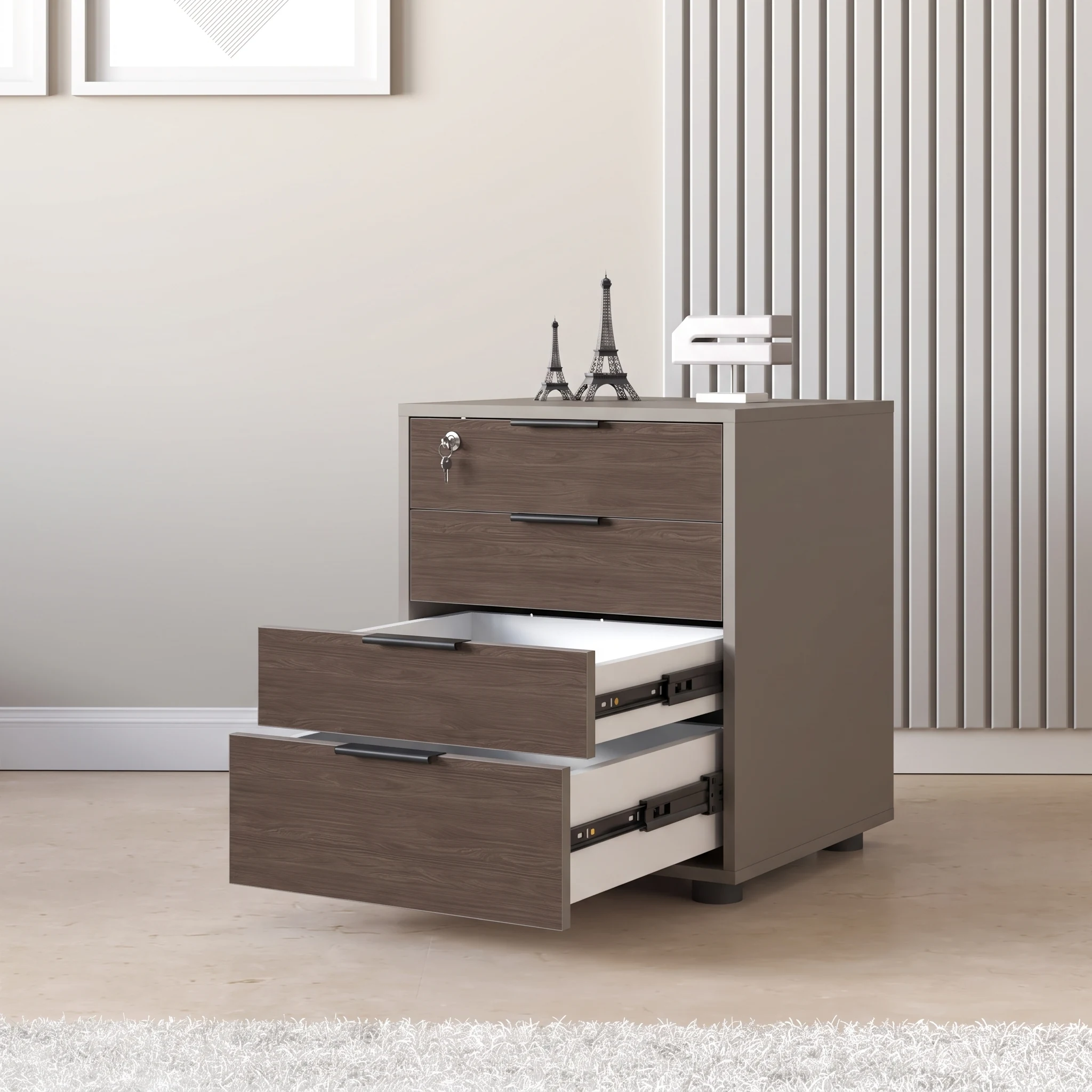 Archivero de oficina 4 cajones con cerradura y llave 46X57X45cm Gris Arcilla y Nogal