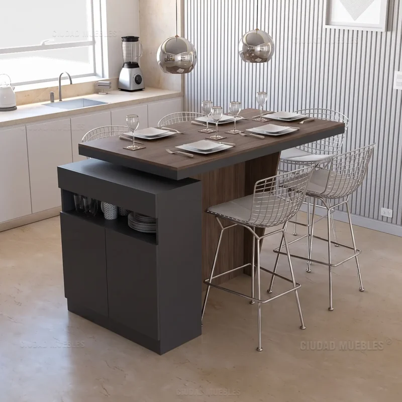 Mesa Barra Desayunador para 5 Personas con Cajón y Puertas Nogal y Negro