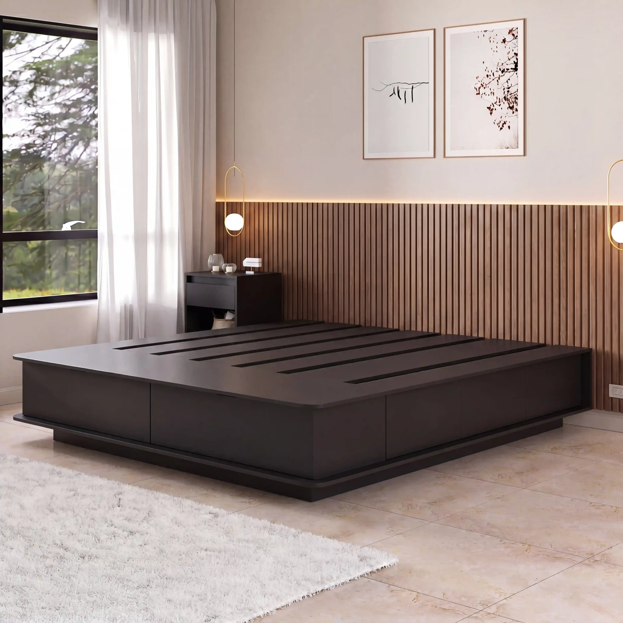 Cama Box King de 200x200 cm con 6 Cajones y 2 Bauleras Negro